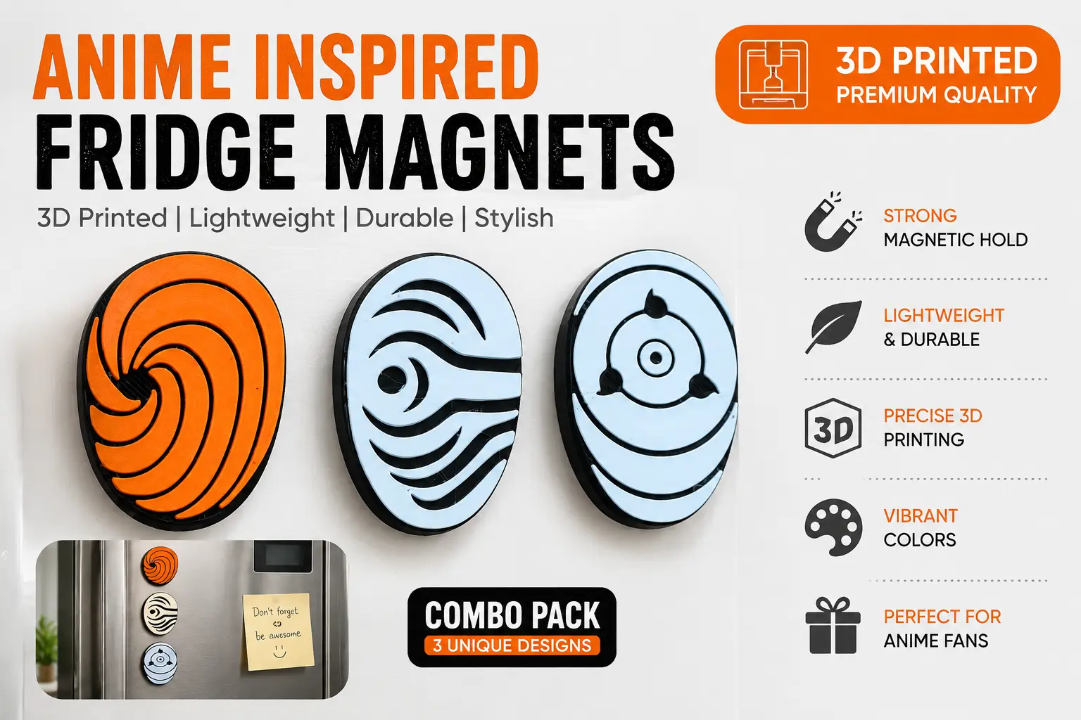 Obito Tobi Mask & Anime 3D Printed Magnets Set of 3 – Naruto Inspired Fridge Magnet Combo